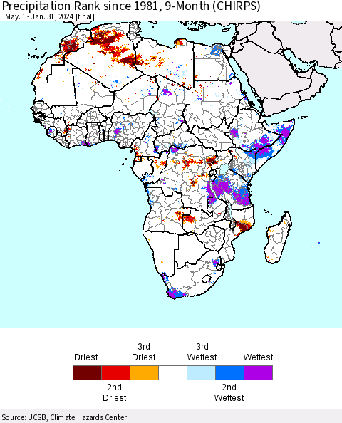 Africa Precipitation Rank since 1981, 9-Month (CHIRPS) Thematic Map For 5/1/2023 - 1/31/2024