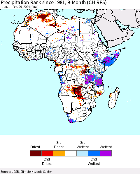 Africa Precipitation Rank since 1981, 9-Month (CHIRPS) Thematic Map For 6/1/2023 - 2/29/2024