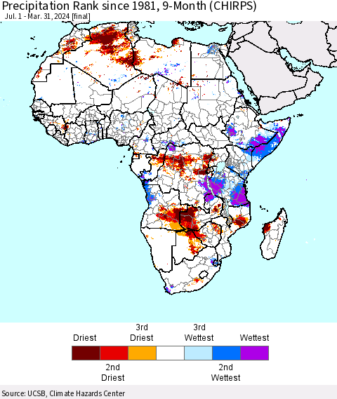 Africa Precipitation Rank since 1981, 9-Month (CHIRPS) Thematic Map For 7/1/2023 - 3/31/2024