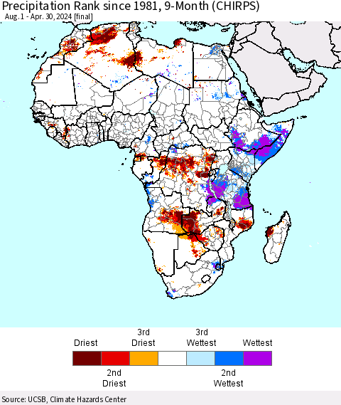 Africa Precipitation Rank since 1981, 9-Month (CHIRPS) Thematic Map For 8/1/2023 - 4/30/2024
