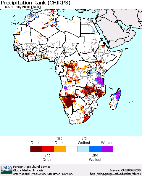Africa Precipitation Rank since 1981 (CHIRPS) Thematic Map For 1/1/2018 - 1/10/2018