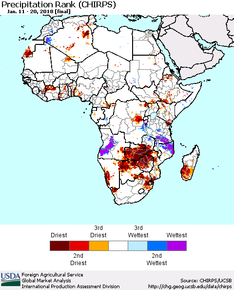 Africa Precipitation Rank since 1981 (CHIRPS) Thematic Map For 1/11/2018 - 1/20/2018