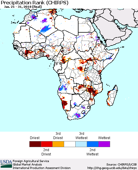 Africa Precipitation Rank since 1981 (CHIRPS) Thematic Map For 1/21/2018 - 1/31/2018