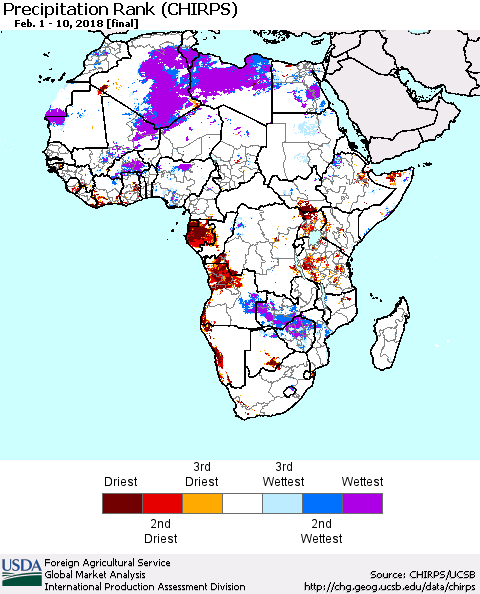 Africa Precipitation Rank since 1981 (CHIRPS) Thematic Map For 2/1/2018 - 2/10/2018