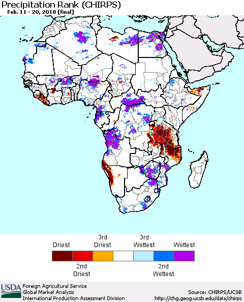 Africa Precipitation Rank since 1981 (CHIRPS) Thematic Map For 2/11/2018 - 2/20/2018