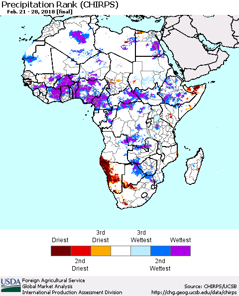 Africa Precipitation Rank since 1981 (CHIRPS) Thematic Map For 2/21/2018 - 2/28/2018