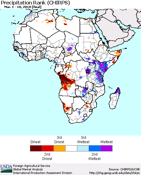 Africa Precipitation Rank since 1981 (CHIRPS) Thematic Map For 3/1/2018 - 3/10/2018