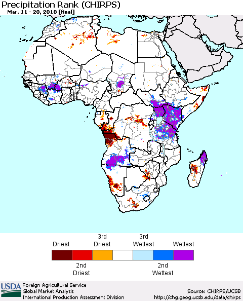Africa Precipitation Rank since 1981 (CHIRPS) Thematic Map For 3/11/2018 - 3/20/2018