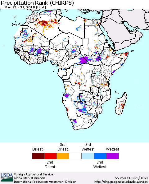 Africa Precipitation Rank since 1981 (CHIRPS) Thematic Map For 3/21/2018 - 3/31/2018