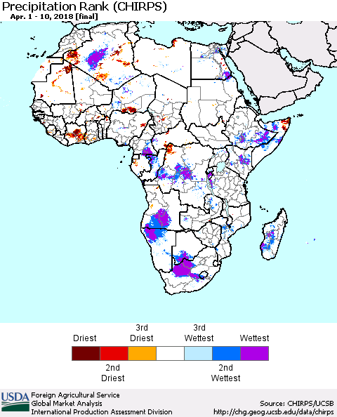 Africa Precipitation Rank since 1981 (CHIRPS) Thematic Map For 4/1/2018 - 4/10/2018