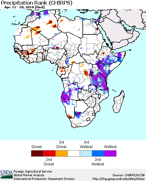 Africa Precipitation Rank since 1981 (CHIRPS) Thematic Map For 4/11/2018 - 4/20/2018