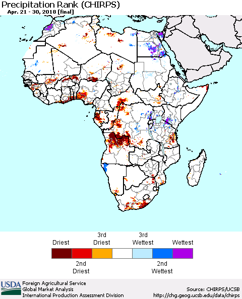 Africa Precipitation Rank since 1981 (CHIRPS) Thematic Map For 4/21/2018 - 4/30/2018