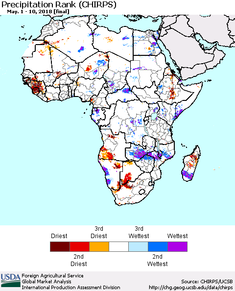 Africa Precipitation Rank since 1981 (CHIRPS) Thematic Map For 5/1/2018 - 5/10/2018