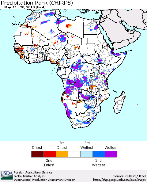 Africa Precipitation Rank since 1981 (CHIRPS) Thematic Map For 5/11/2018 - 5/20/2018