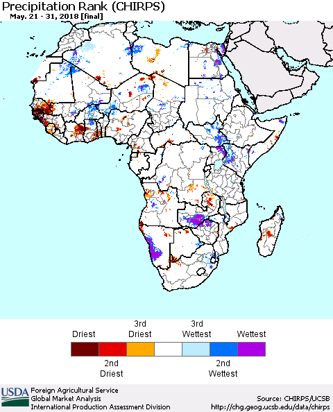 Africa Precipitation Rank since 1981 (CHIRPS) Thematic Map For 5/21/2018 - 5/31/2018
