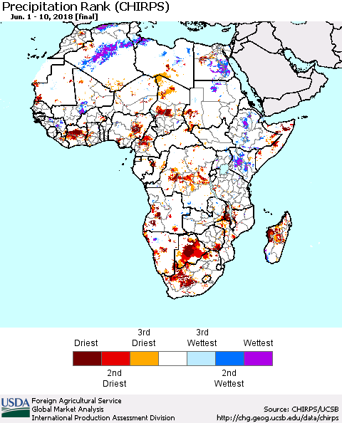 Africa Precipitation Rank since 1981 (CHIRPS) Thematic Map For 6/1/2018 - 6/10/2018