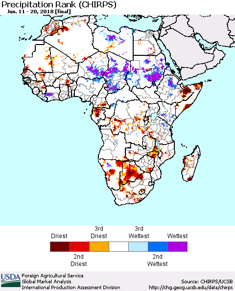 Africa Precipitation Rank since 1981 (CHIRPS) Thematic Map For 6/11/2018 - 6/20/2018