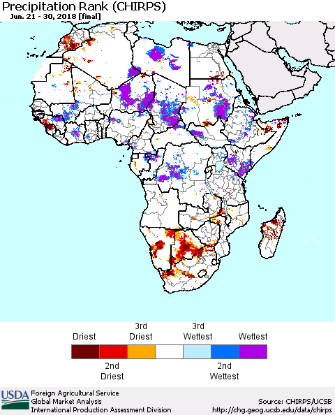 Africa Precipitation Rank since 1981 (CHIRPS) Thematic Map For 6/21/2018 - 6/30/2018