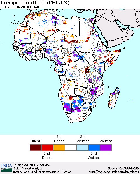 Africa Precipitation Rank since 1981 (CHIRPS) Thematic Map For 7/1/2018 - 7/10/2018