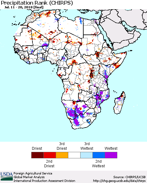 Africa Precipitation Rank since 1981 (CHIRPS) Thematic Map For 7/11/2018 - 7/20/2018