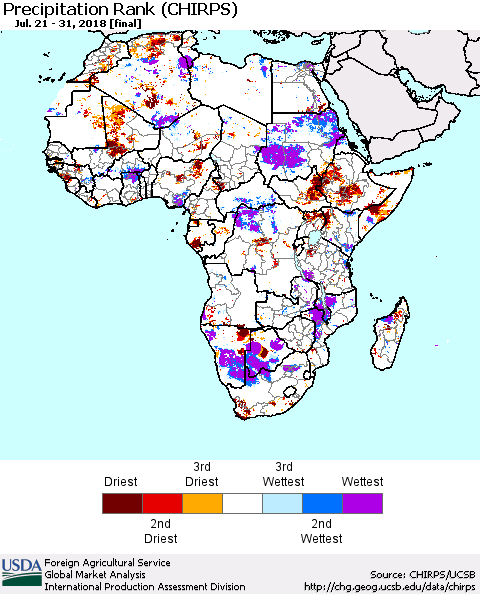 Africa Precipitation Rank since 1981 (CHIRPS) Thematic Map For 7/21/2018 - 7/31/2018
