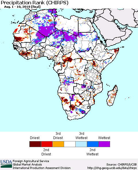 Africa Precipitation Rank since 1981 (CHIRPS) Thematic Map For 8/1/2018 - 8/10/2018