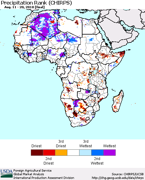 Africa Precipitation Rank since 1981 (CHIRPS) Thematic Map For 8/11/2018 - 8/20/2018