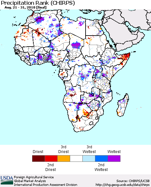 Africa Precipitation Rank since 1981 (CHIRPS) Thematic Map For 8/21/2018 - 8/31/2018
