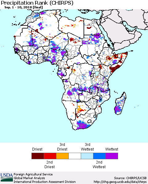 Africa Precipitation Rank since 1981 (CHIRPS) Thematic Map For 9/1/2018 - 9/10/2018