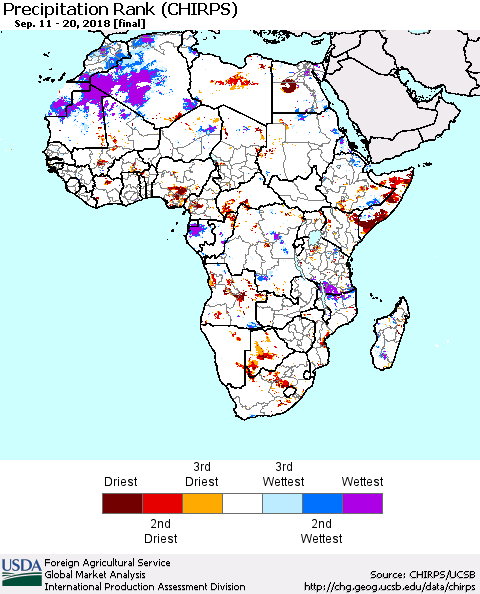 Africa Precipitation Rank since 1981 (CHIRPS) Thematic Map For 9/11/2018 - 9/20/2018