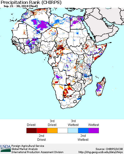 Africa Precipitation Rank since 1981 (CHIRPS) Thematic Map For 9/21/2018 - 9/30/2018