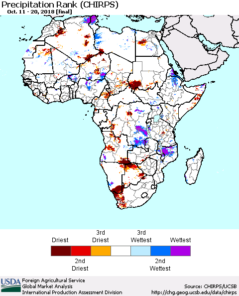 Africa Precipitation Rank since 1981 (CHIRPS) Thematic Map For 10/11/2018 - 10/20/2018