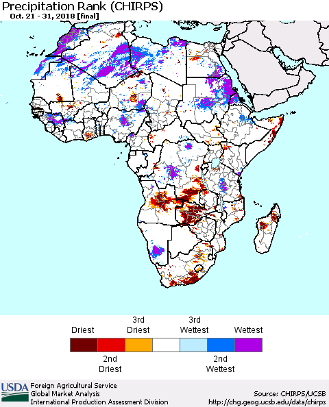 Africa Precipitation Rank since 1981 (CHIRPS) Thematic Map For 10/21/2018 - 10/31/2018