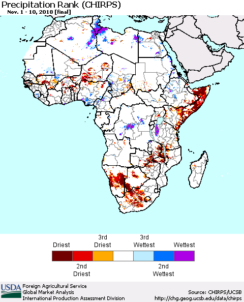 Africa Precipitation Rank since 1981 (CHIRPS) Thematic Map For 11/1/2018 - 11/10/2018