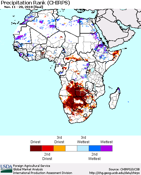 Africa Precipitation Rank since 1981 (CHIRPS) Thematic Map For 11/11/2018 - 11/20/2018