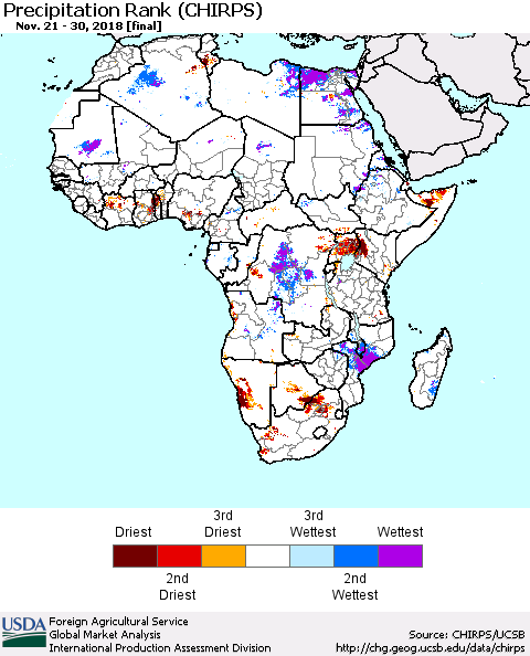 Africa Precipitation Rank since 1981 (CHIRPS) Thematic Map For 11/21/2018 - 11/30/2018