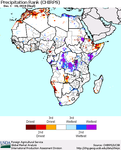 Africa Precipitation Rank since 1981 (CHIRPS) Thematic Map For 12/1/2018 - 12/10/2018