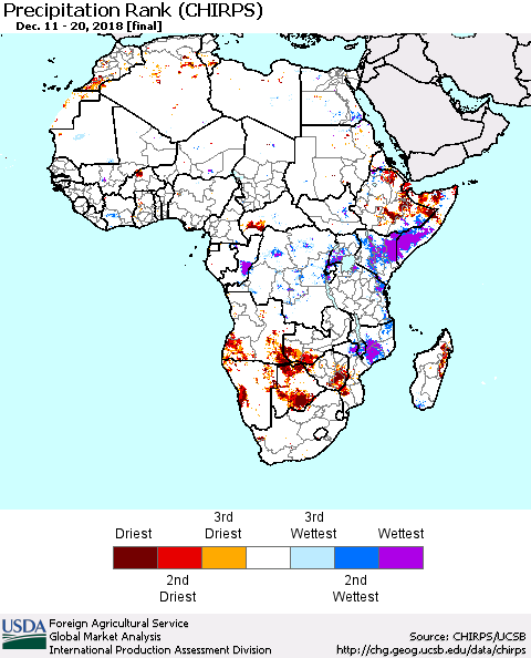 Africa Precipitation Rank since 1981 (CHIRPS) Thematic Map For 12/11/2018 - 12/20/2018