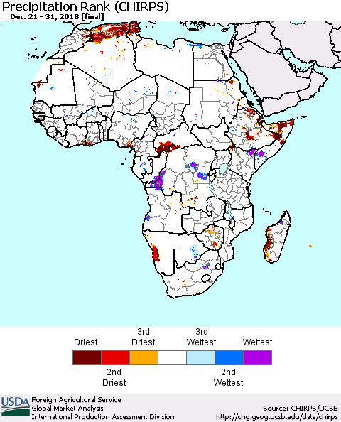 Africa Precipitation Rank since 1981 (CHIRPS) Thematic Map For 12/21/2018 - 12/31/2018