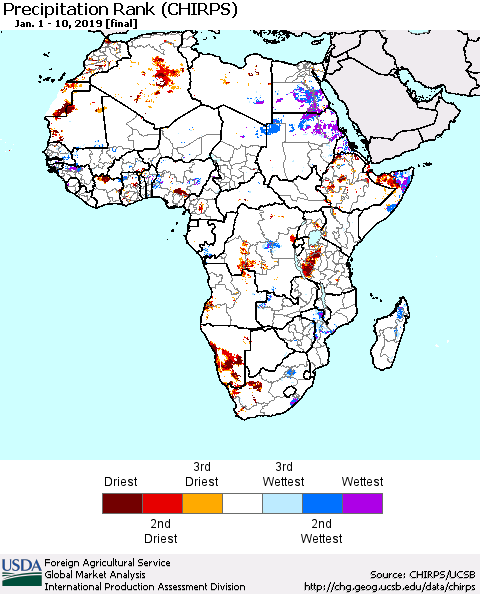Africa Precipitation Rank since 1981 (CHIRPS) Thematic Map For 1/1/2019 - 1/10/2019