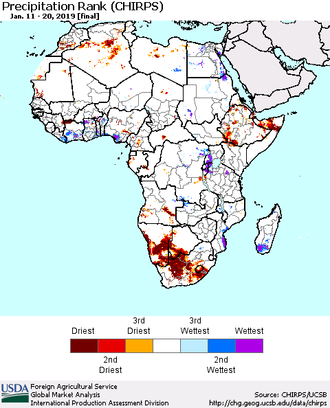 Africa Precipitation Rank since 1981 (CHIRPS) Thematic Map For 1/11/2019 - 1/20/2019