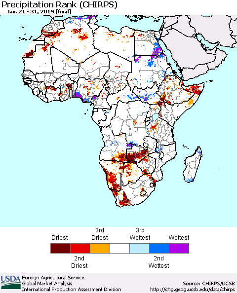 Africa Precipitation Rank since 1981 (CHIRPS) Thematic Map For 1/21/2019 - 1/31/2019