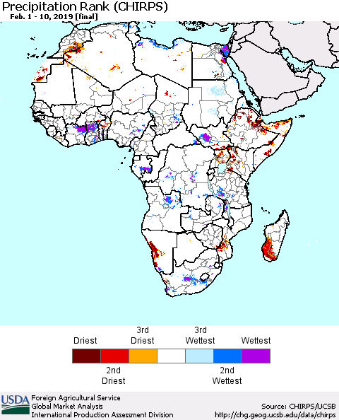 Africa Precipitation Rank since 1981 (CHIRPS) Thematic Map For 2/1/2019 - 2/10/2019
