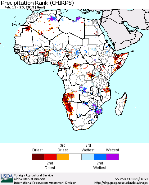Africa Precipitation Rank since 1981 (CHIRPS) Thematic Map For 2/11/2019 - 2/20/2019