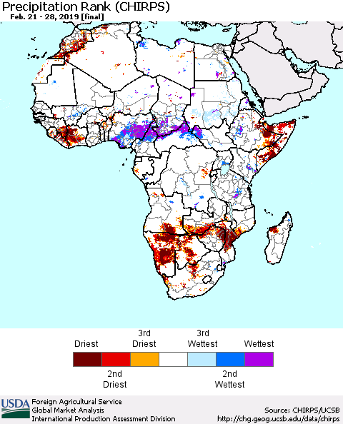 Africa Precipitation Rank since 1981 (CHIRPS) Thematic Map For 2/21/2019 - 2/28/2019