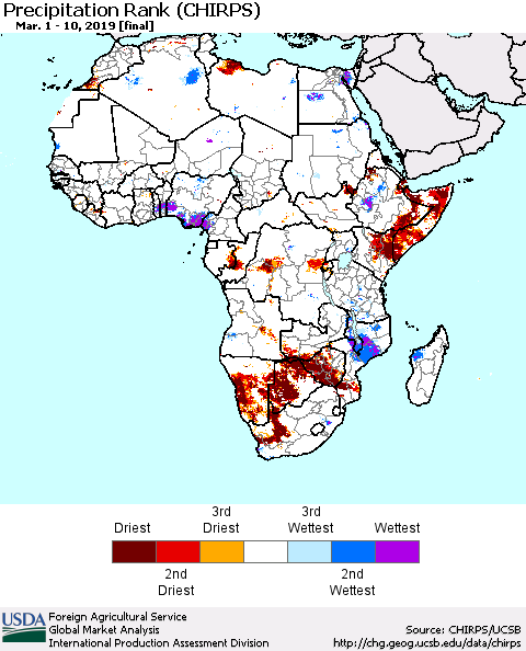 Africa Precipitation Rank since 1981 (CHIRPS) Thematic Map For 3/1/2019 - 3/10/2019