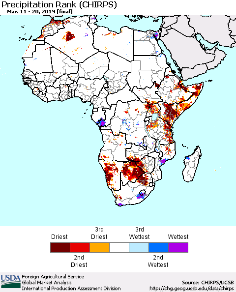 Africa Precipitation Rank since 1981 (CHIRPS) Thematic Map For 3/11/2019 - 3/20/2019