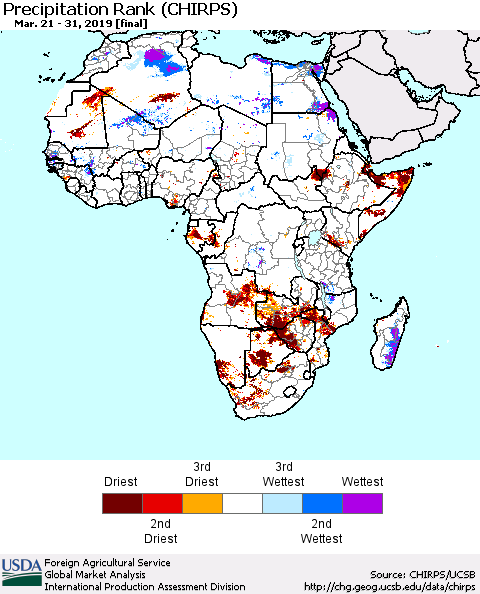 Africa Precipitation Rank since 1981 (CHIRPS) Thematic Map For 3/21/2019 - 3/31/2019