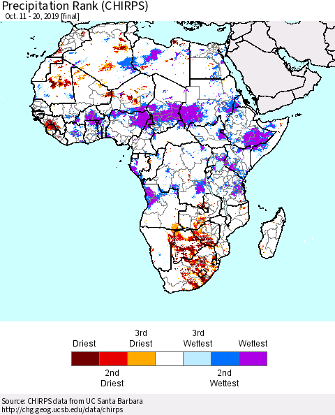 Africa Precipitation Rank since 1981 (CHIRPS) Thematic Map For 10/11/2019 - 10/20/2019