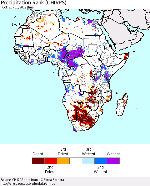 Africa Precipitation Rank since 1981 (CHIRPS) Thematic Map For 10/21/2019 - 10/31/2019